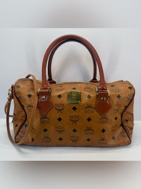 Vintage authentic MCM Visetos 010 Cognac Logo-Print Satchel with Leather Trim